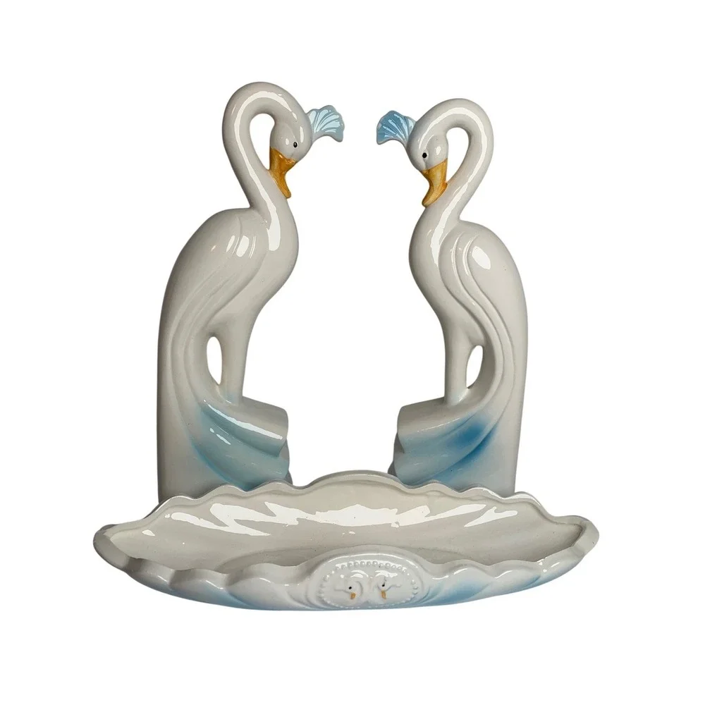 Vintage 1988 Artmark Chicago Ceramic Crane Figurine‎ Console Set White Blue 3pc